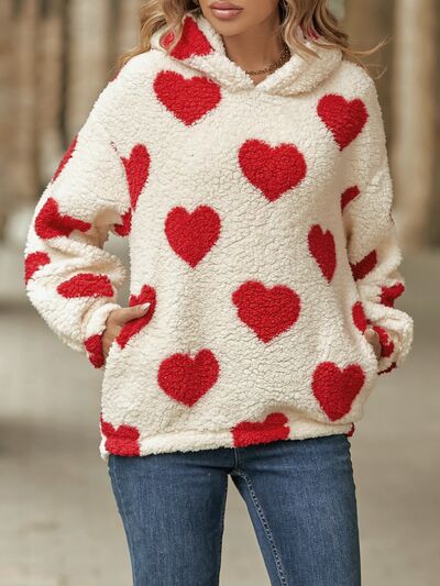 Fuzzy Heart Pocketed Dropped Shoulder Hoodie - 3 colors