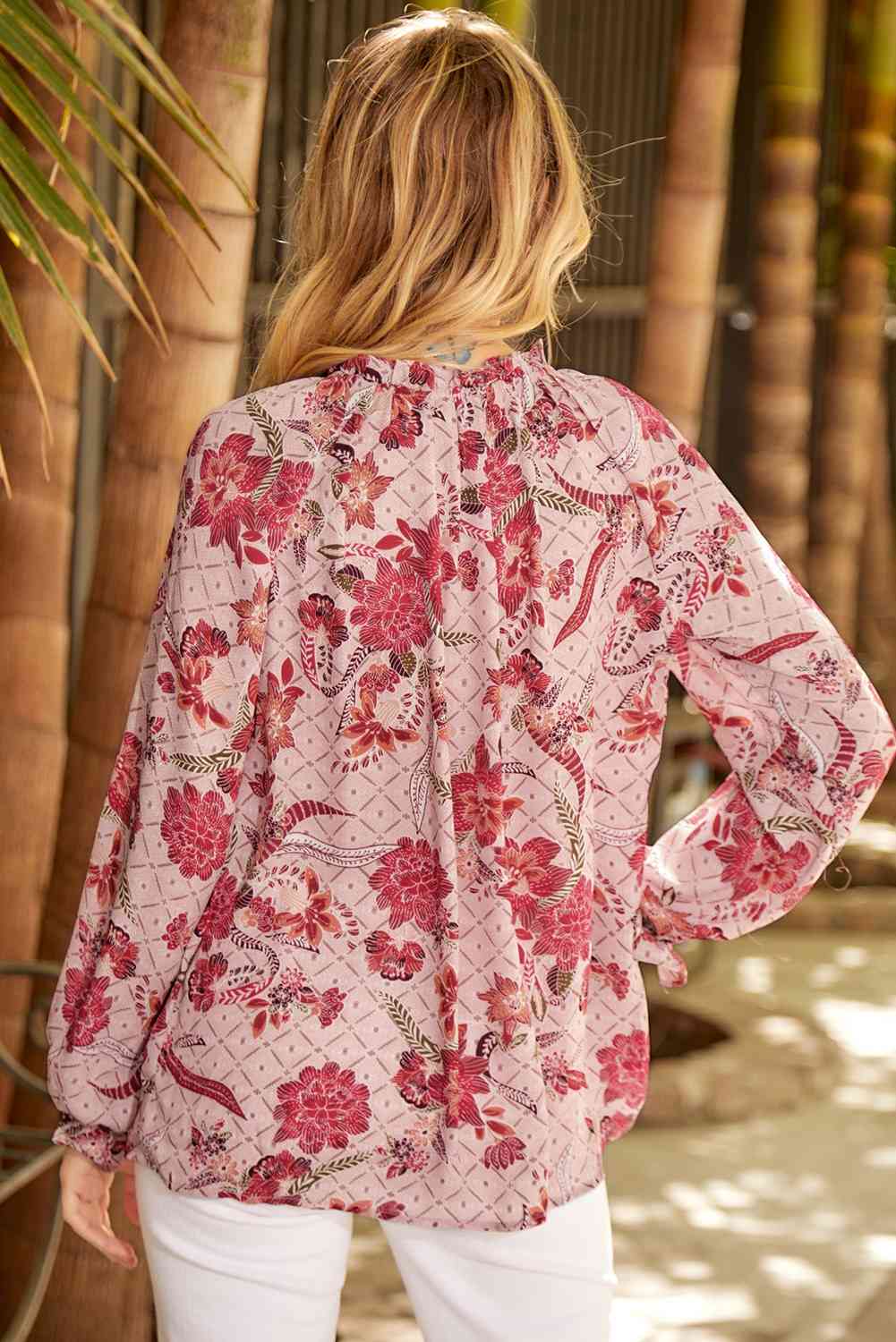 Burke Floral Tie Neck Flounce Sleeve Blouse