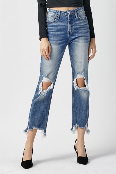 Risen High Waist Distressed Frayed Hem Cropped Straight Jeans