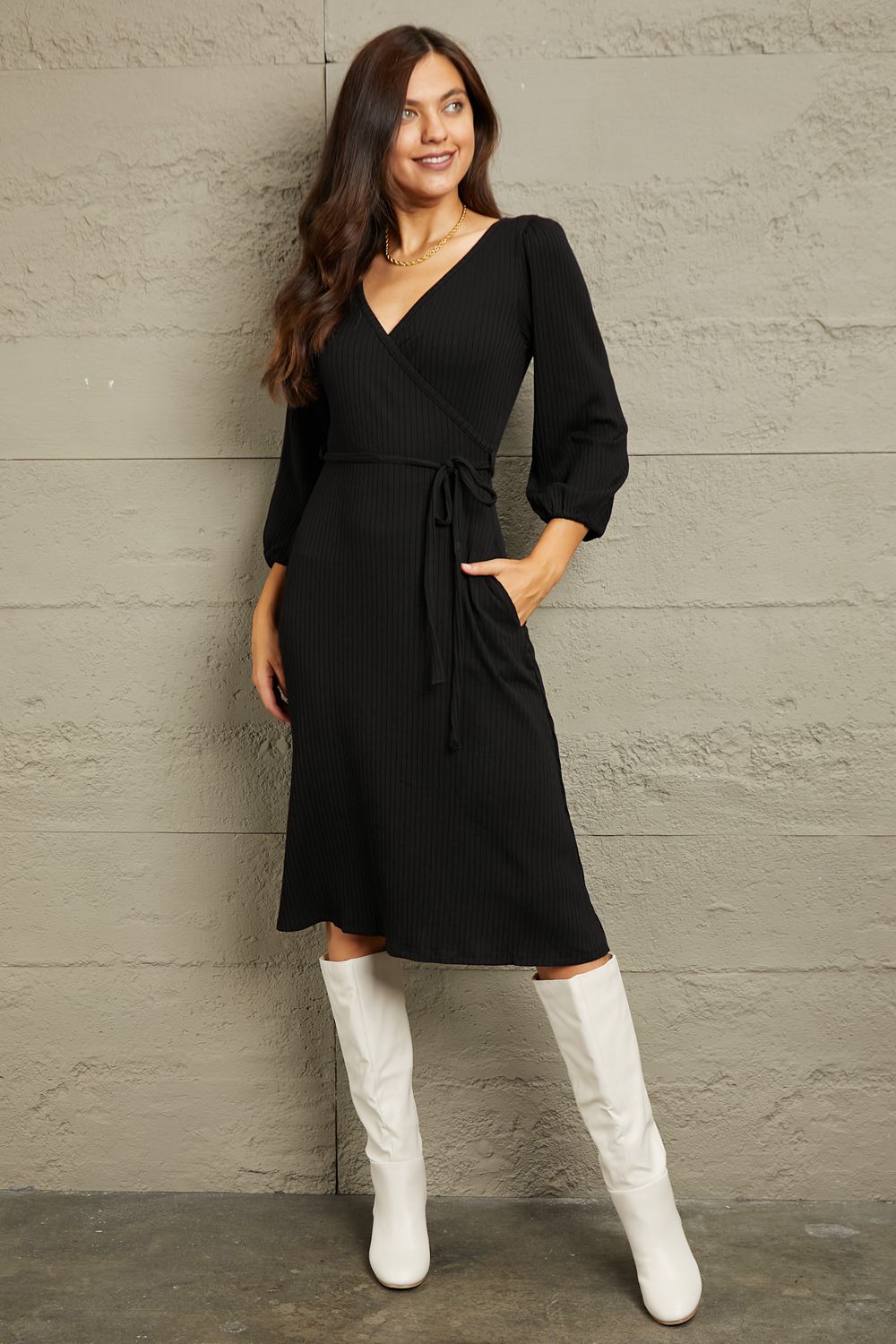 Elly Surplice Flare Ruching Dress- black