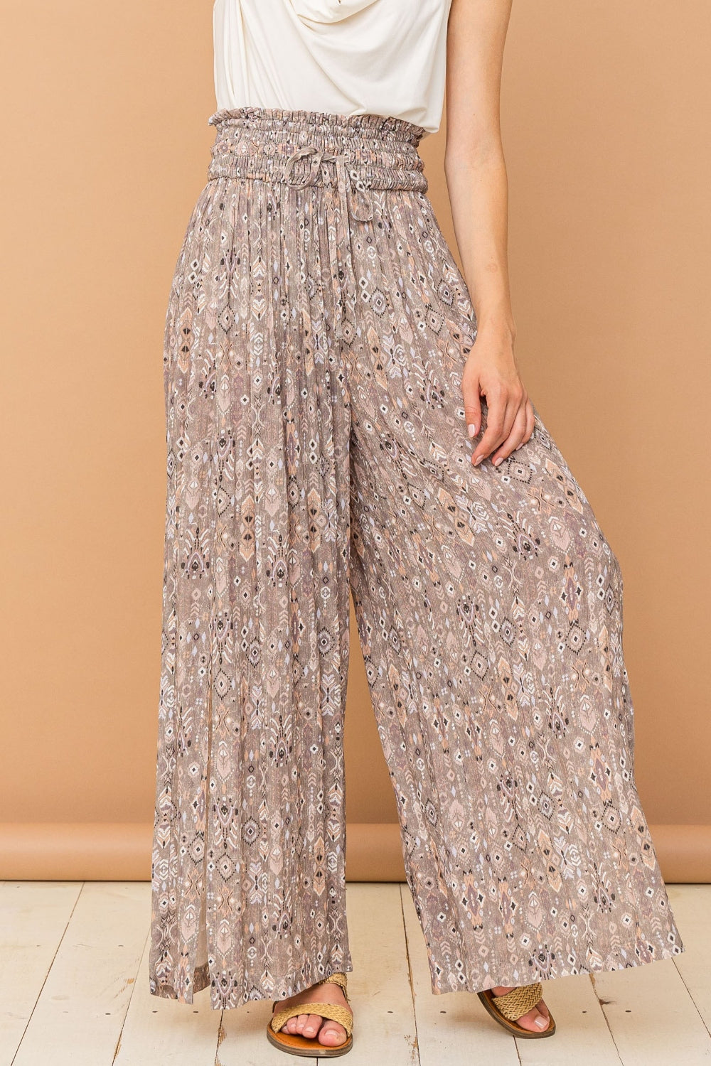 Delaney Smocked Waist Slit Wide Leg Pants