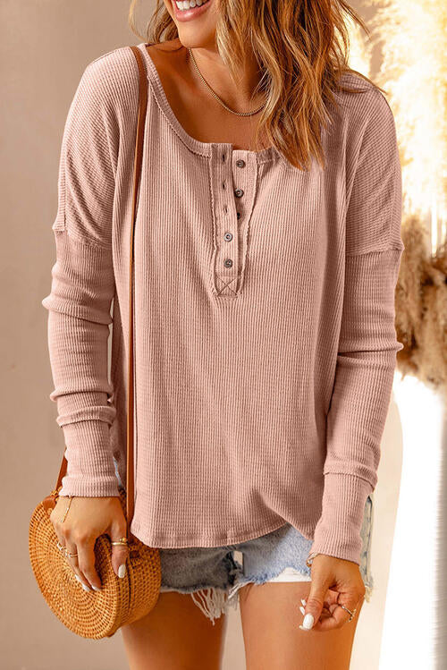 Winnie Waffle Knit Henley Long Sleeve Top