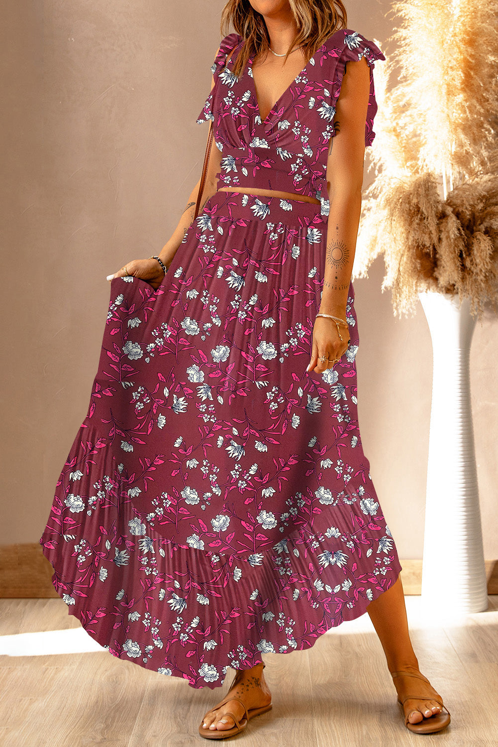 Sai Printed Tie Back Cropped Top and Maxi Skirt Set